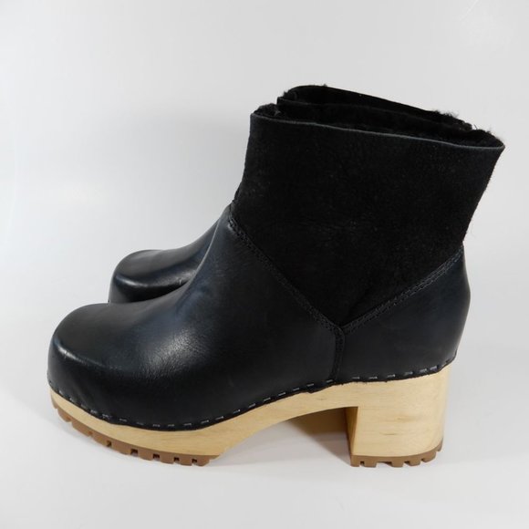 MIA Josi Platform CLOGS Boots Size 8 Black Leather Sheep Fur Wooden Heel NWOB - Picture 6 of 10
